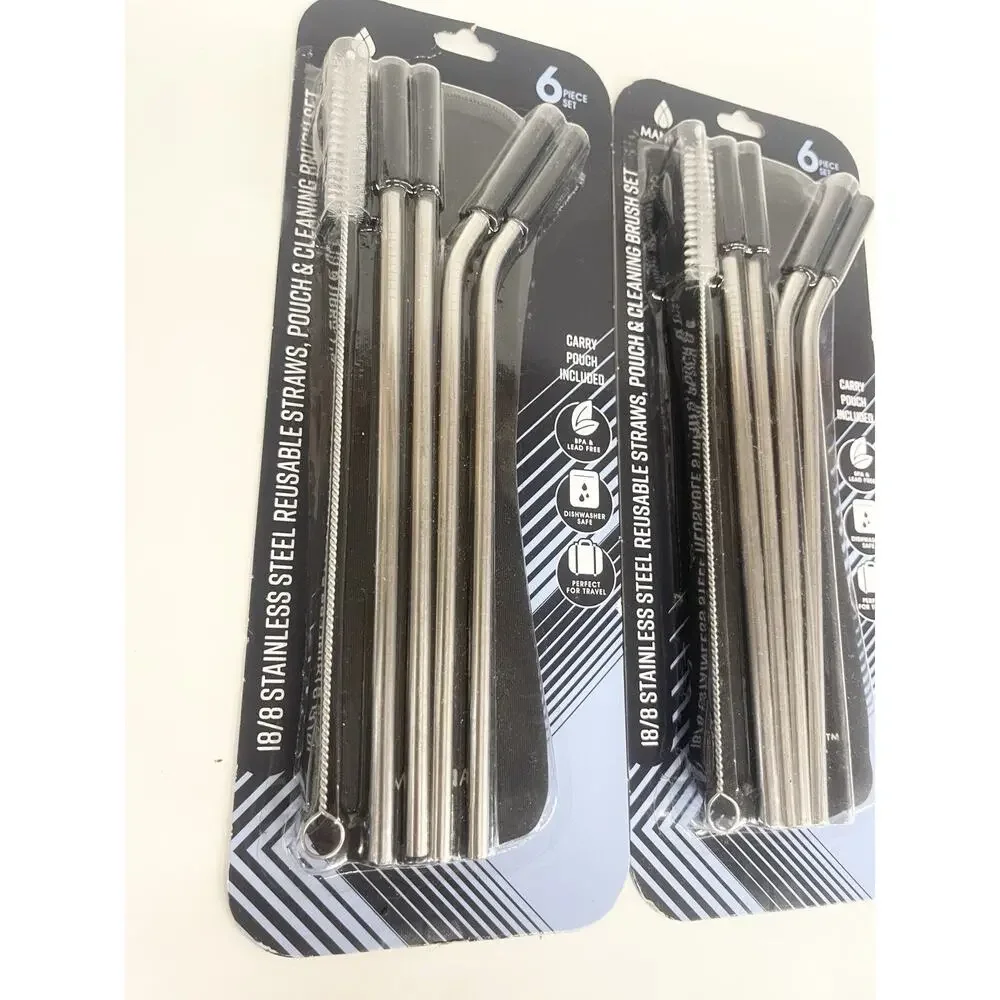 (2) Set of‎ 6 Stainless Steel Reusable Straw Pouch & Cleaning Brush Set BLACK